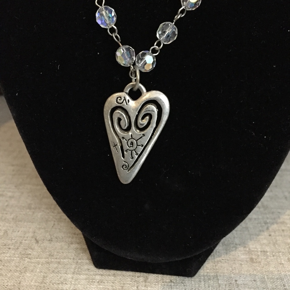 Beaded Necklace with Metal Carved Heart Pendant